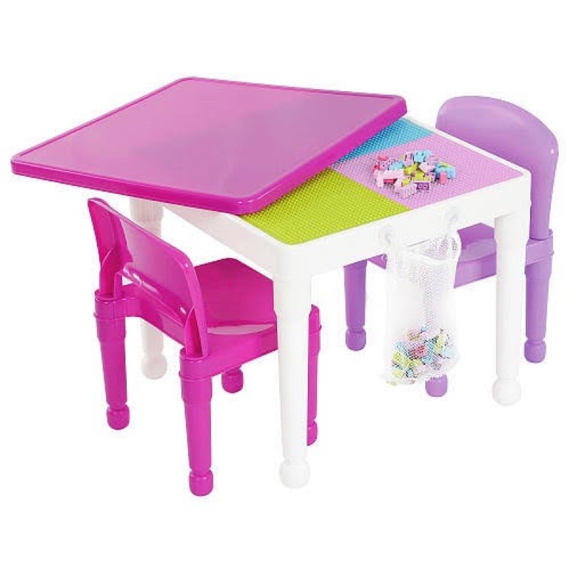 โต๊ะเรียนโต๊ะเลโก้ได้-tot-tutors-2-in-1-pink-girls-plastic-building-block-compatible-construction-table-and-2-chairs-set