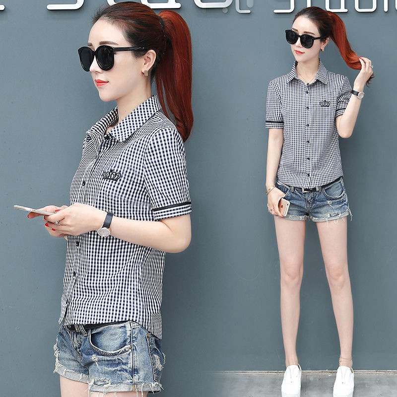 เสื้อเชิ้ตแขนสั้นลายสก๊อตผู้หญิงฤดูร้อนปี-2021-ใหม่-plus-ขนาดผู้หญิงแขนสั้น-bottoming-ผู้หญิงเสื้อด้านบนเสื้อผ้าผู้หญิง
