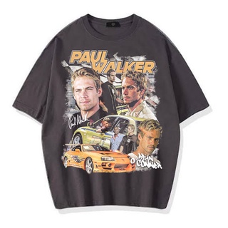 [100% Cotton] เสื้อยืดแขนสั้น พิมพ์ลาย PAUL WALKER VINTAGE โอเวอร์ไซซ์ สีเทาเข้ม