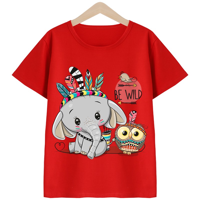 พร้อมส่ง-babykidsเสื้อยืดคอตตอน100-ลายช้างกับนกฮูกเสื้อเด็กผู้ชายเสื้อเด็กผู้หญิงลายน่ารักผ้านุ่มใส่สบาย