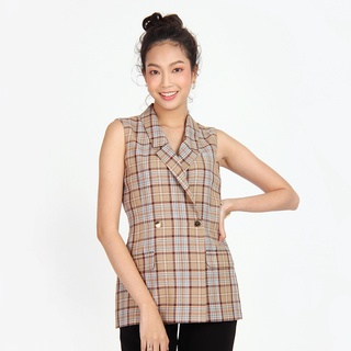 Jousse Jacket เสื้อแจ็คเก็ตแขนกุด ลายสก็อต ความยาวคลุมสะโพก (JU12BR) เสื้อแจ็คเก็ต แจ็คเก็ตผู้หญิง เสื้อสูทผู้หญิง เบลเซอร์  เสื้อคลุม