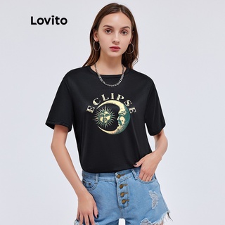 เสื้อแฟชั่นผญ2022 อื่นๆ - Lovito สบาย ๆ ดวงจันทร์และดวงอาทิตย์ตําแหน่งการพิมพ์เสื้อยืดพื้นฐาน LG02A