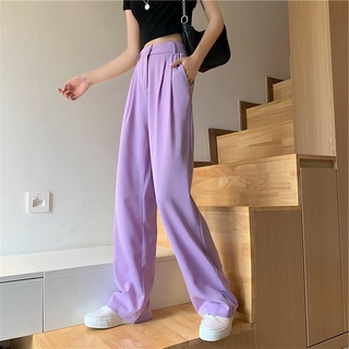 Hot sale！ สีม่วงกางเกงเอวสูงขากว้างนักเรียนหญิงในช่วงฤดูร้อนปี 2020 ใหม่หลวมความรู้สึกหลวมบาง ๆ สบาย ๆ กางเกงขายาวตรงน