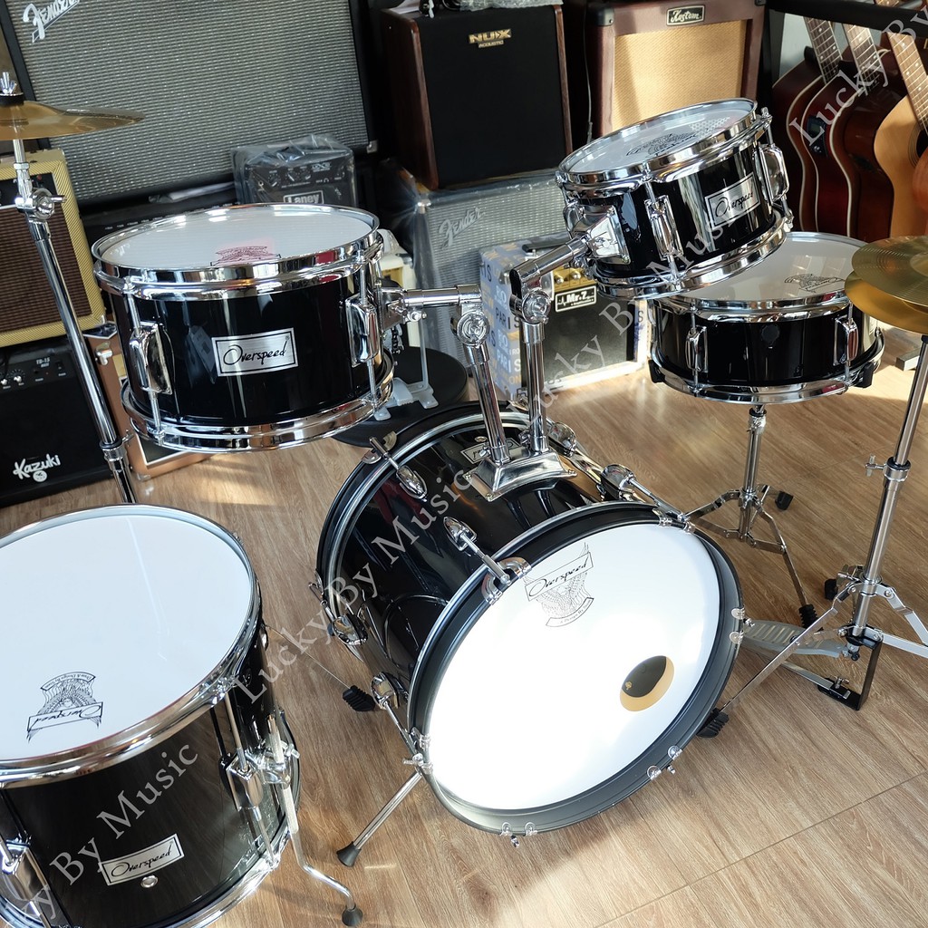 กลองชุดเด็ก-overspeed-junior-drum-set-สีดำ-พร้อมอุปกรณ์ครบชุด-แถมฟรีเก้าอี้กลอง-และไม้ตี-ประแจปรับหนังกลอง