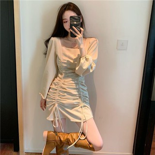 🔥Hot Sale👗 ชุดเดรสคอเหลี่ยมแขนยาวผู้หญิงฤดูใบไม้ร่วง 2020 ใหม่เซ็กซี่รัดรูปสะโพกกระโปรงเอวกระโปรงสีดำ