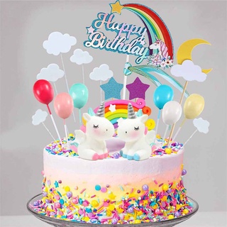 Rainbow Unicorn Cake Topper Kit Cloud Rainbow Balloon Happy Birthday Banner Cake Decoration Cup Cake Toppers for Boy Girl Kid Birthday Unicorn Party Needs