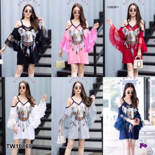 &lt;TW10869&gt;เดรสสั้นสายเดี่ยวแขนผ้ามุ้งระบาย 2 ชั้นฟรุ๊งฟริ๊ง เนื้อผ้าคอตตอนพิมพ์ลายนกอินทรีย์ ทรงสวยใส่สบาย