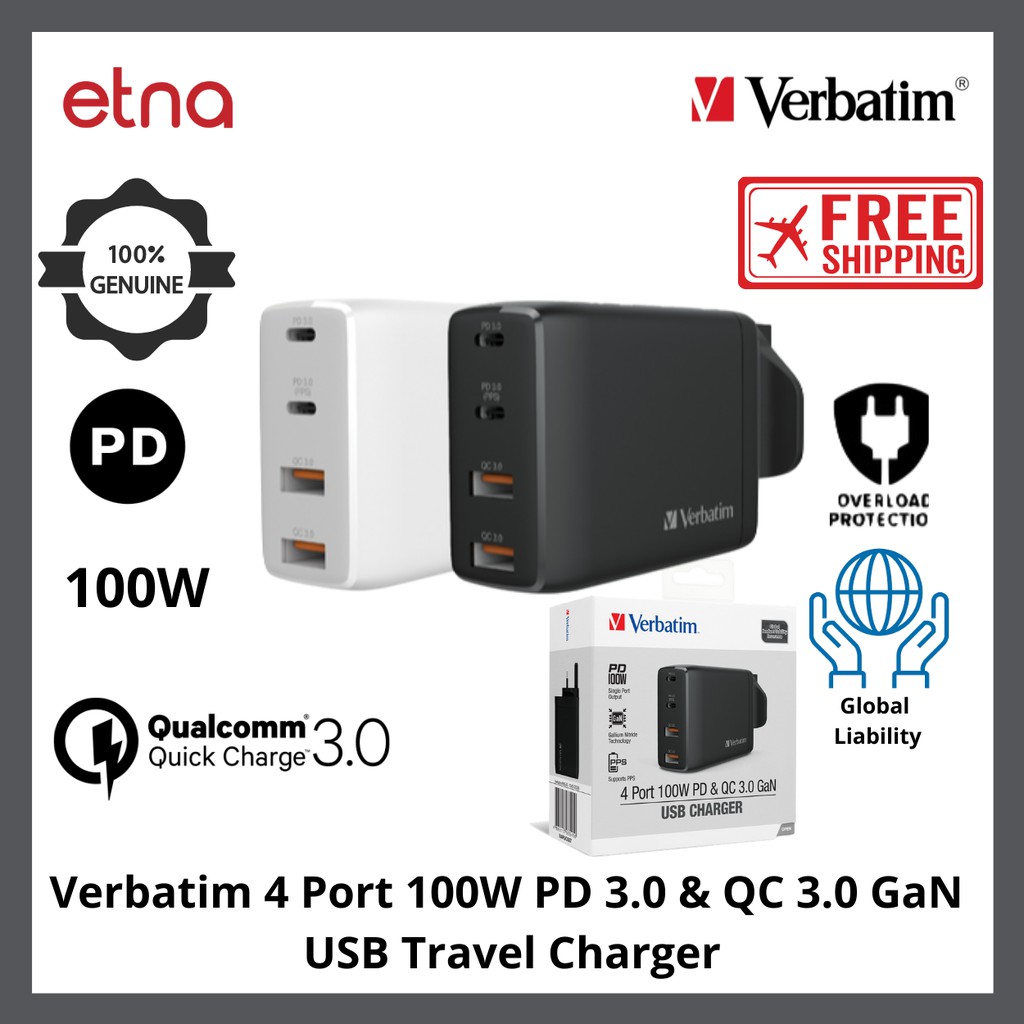 verbatim-4-พอร์ต-100w-pd-3-0-amp-qc-3-0-gan-อุปกรณ์ชาร์จแบต-usb-สําหรับพกพาเดินทาง