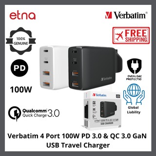 Verbatim 4 พอร์ต 100W Pd 3.0 & Qc 3.0 Gan อุปกรณ์ชาร์จแบต Usb สําหรับพกพาเดินทาง