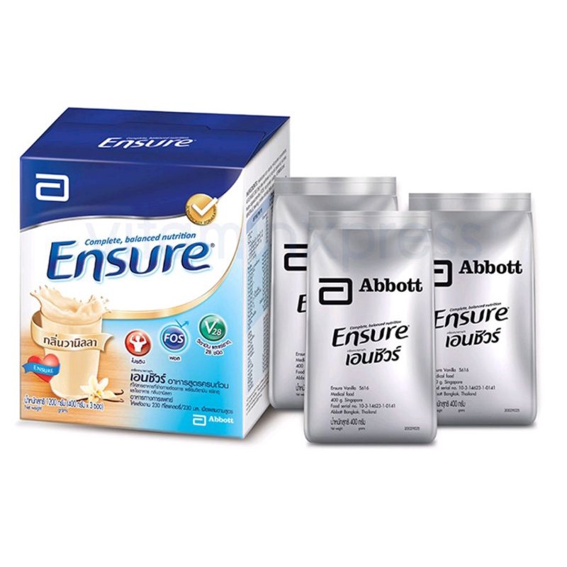 ภาพสินค้าEnsure Vanilla เอนชัวร์ วานิลลา นมผง ขนาด 1200 กรัม จำนวน 1 กล่อง 400 กรัม X 3 ซอง 19114 / Wheat ธัญพืช 20940 จากร้าน medicalhub115 บน Shopee ภาพที่ 1