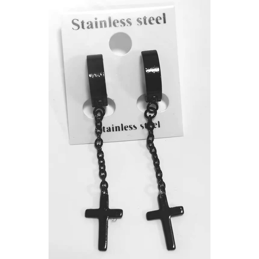 ต่างหู-1-คู่-ต้องเจาะหู-ตุ้มหูไม้กางเขน-cross-huggie-stud-earrings-for-men-stainless-steel-earing