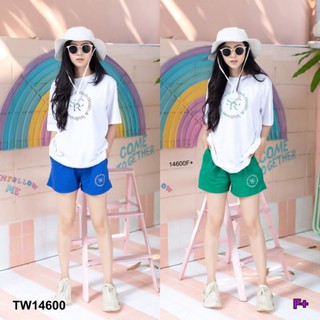 TW14600 ชุดเซ็ท ใส่เที่ยวชิลๆ เสื้อสีขาว กางเกงขาสั้น สีน้ำเงิน เขียว