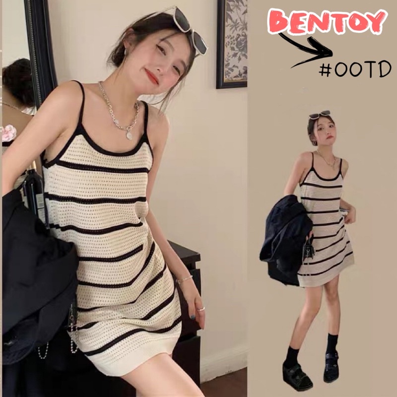 bentoy-0987-ชุดเดรสสายเดี่ยวไหมพรม-ดีเทลลายทาง-ผ้าทอถัก-สายเกาน่ารัก