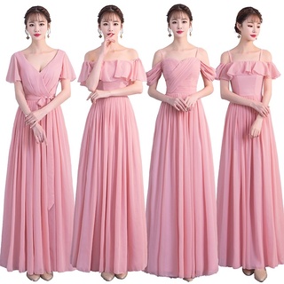 ชุดเดรสยาว เปิดไหล่ แบบเข้ารูป หรูหรา สีชมพู เหมาะกับเพื่อนเจ้าสาว สําหรับผู้หญิง