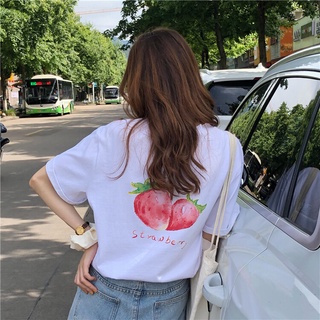 เสื้อยืดคอกลมพิมพ์ลายน่ารักสำหรับฤดูร้อนของผู้หญิงเกาหลี