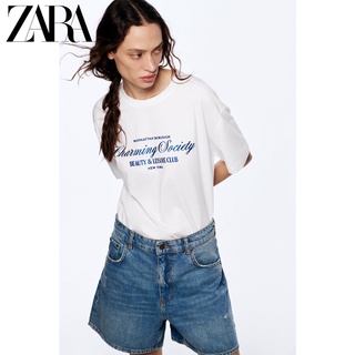 เสื้อยืดผ้าฝ้ายพิมพ์ลาย Zara ใหม่ เสื้อยืด แขนสั้น พิมพ์ลายตัวอักษร สีขาว สําหรับผู้หญิง 0264056 250
