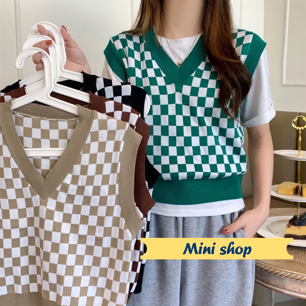 Mini shop🌸พร้อมส่ง🌸 (23158) เสื้อกั๊กไหมพรม ลายตารางทรงเกาหลีฮิตสุด ...