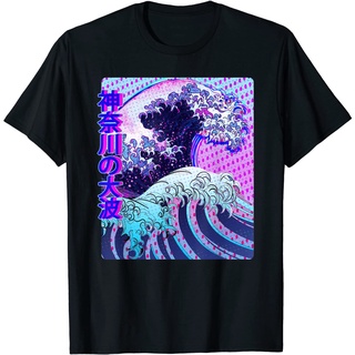 เสื้อยืดโอเวอร์ไซส์เสื้อยืด พิมพ์ลาย Great Wave off Kanagawa Vaporwave Glitch Aesthetic Kanji สําหรับผู้ชายS-3XL