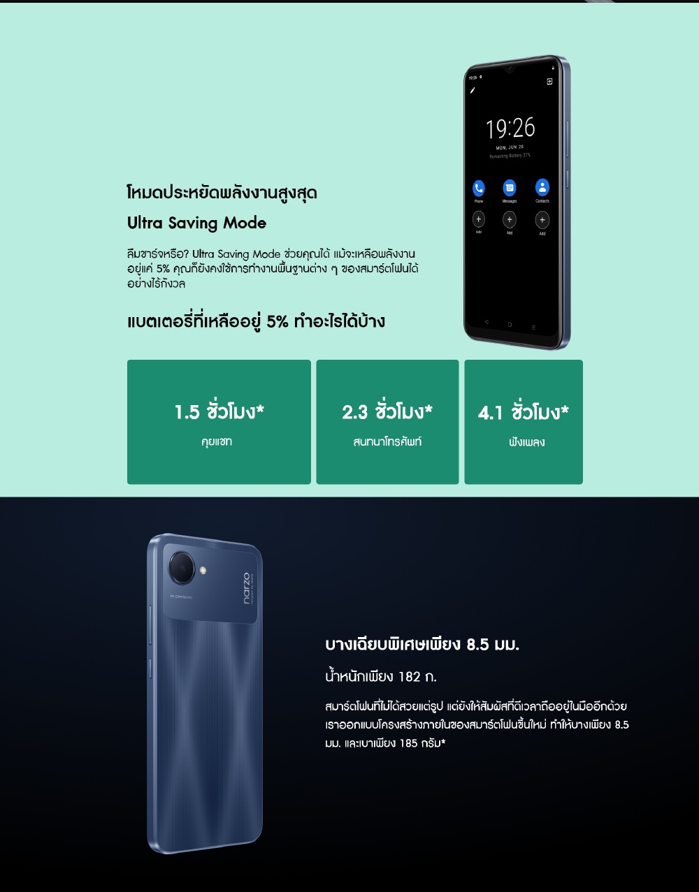 เกี่ยวกับ realme narzo 50i Prime (4+64GB) ชิปเซ็ตOcta-core อันทรงพลัง แบตเตอรี่ขนาดใหญ่ 5000mAh เพิ่มหน่วยความจ