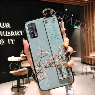 เคสโทรศัพท์ Realme 7 Pro 2020 New Casing Handphone Case Flowers Bling Glitter Soft TPU With Wrist Band and Adjustable Crossbody Lanyard Cover Realme 7Pro