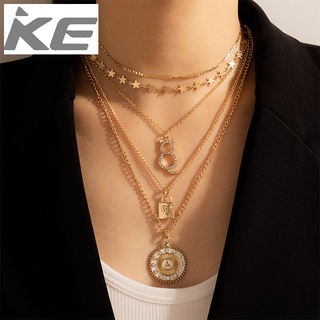 Jewelry cat diamond hollow multi-necklace lock star disc five-necklace for girls for women low