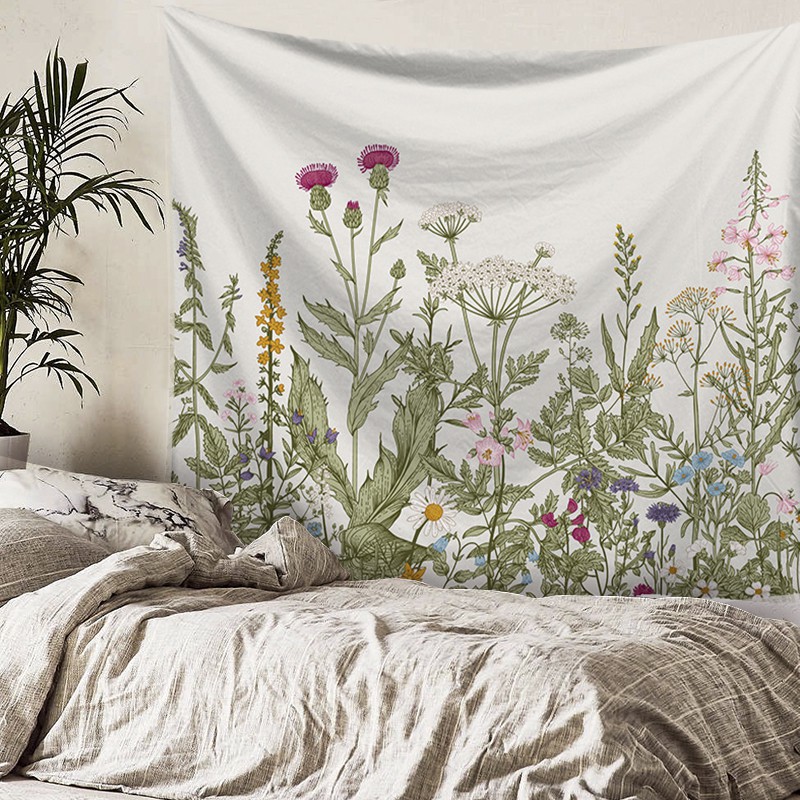 ตกแต่งผนัง-พืชสีเขียวดอกไม้นอร์ดิก-ins-ตกแต่งผนังพรมข้างเตียงห้องนอนพื้นหลังผ้าคลุมผ้าม่านหมัดฟรี