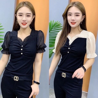 ﹍﹉✵2021 ฤดูร้อนสไตล์ใหม่ V คอชีฟองแฟชั่นทุกการแข่งขัน bottoming เสื้อหญิง slimming ห้าจุดแขนเสื้อยืดหญิงแนวโน้ม