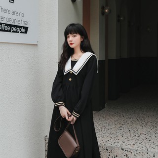 สินค้า 🔥Ready stock！ ชุดเดรสสีดำสำหรับผู้หญิงฤดูใบไม้ร่วงปี 2020 ใหม่สไตล์เกาหลีหลวมเอวกระชับสไตล์วิทยาลัยญี่ปุ่นกระโปรงยาว