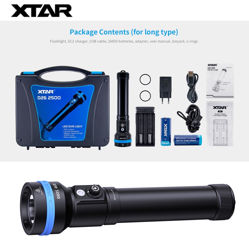 XTAR D26 2500LMS 100M Diving Flashlight (Long Body Version) | Shopee ...