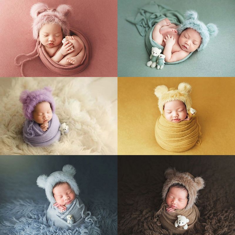ราคาและรีวิวMary 3 Pcs/set Newborn Photography Props Fluffy Stretch Knit Wrap with Hat Bear Toy