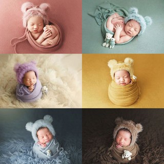 ภาพขนาดย่อของสินค้าMary 3 Pcs/set Newborn Photography Props Fluffy Stretch Knit Wrap with Hat Bear Toy
