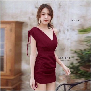 B10167 เดรสสั้นสายเดี่ยวไหล่เดียวรูดเชือก One shoulder strapless short dress