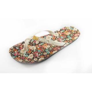 รองเท้าแฟชั่นผู้หญิง ใส่ได้ทุกฤดู ดอกไม้น้ำตาล คีบโป้ง 4 รู หูสีขาว (รหัส shoe8)