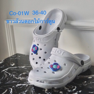 Cior.shopรองเท้าสวมแฟชั่นหัวโต  สีขาวลายดอกไม้การ์ตูน CO-01W