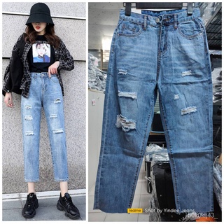 【FGร้านแฟชั่น】N0114 [S,M,L,XL] กางเกงยีนส์ผู้หญิงแฟชั่น สุดฮิตสไตล์เกาหลี ทรงบอย เอวสูง แต่งขาด ปลายขาตัด ผ้าไม่ยืดใหม่