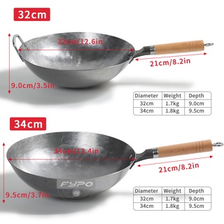 ✲✉☂Iron Wok，Traditional Hand Hammered Carbon Iron Pow Wok With Wooden Helper Handle ,Non-coating Gas Cooker Cookware