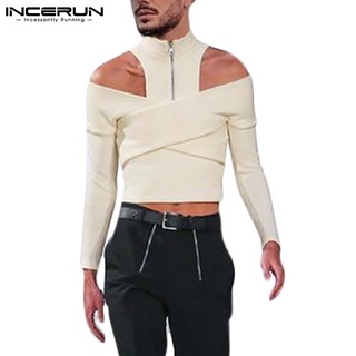 ภาพหน้าปกสินค้าINCERUN Men\'s Fashion Design Off Shoulder Long Sleeve Solid Color Crop Knit Tops ที่เกี่ยวข้อง