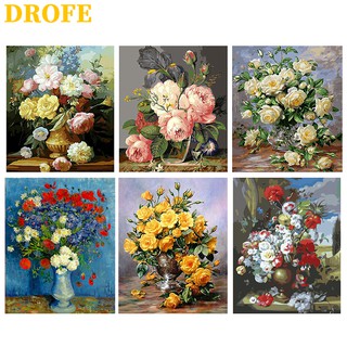 DROFE ภาพวาดระบายสีตามตัวเลข DIY ลายดอกไม้ สำหรับตกแต่งบ้าน ขนาด 50X40 ซม.