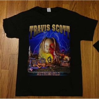 เสื้อยืดโอเวอร์ไซส์เสื้อยืดแฟชั่นผู้ชาย พิมพ์ลาย Travis Scott Astroworld cover สีดำS-3XL