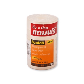 3เอ็ม สก๊อตช์ เทปใสแกน 1 นิ้ว รุ่น 500 ขนาด 18 มม. x 33 ม. x 4 แถม 1 ม้วน1013463M Scotch Clear Tape 1" #500 18 mm x 33 m