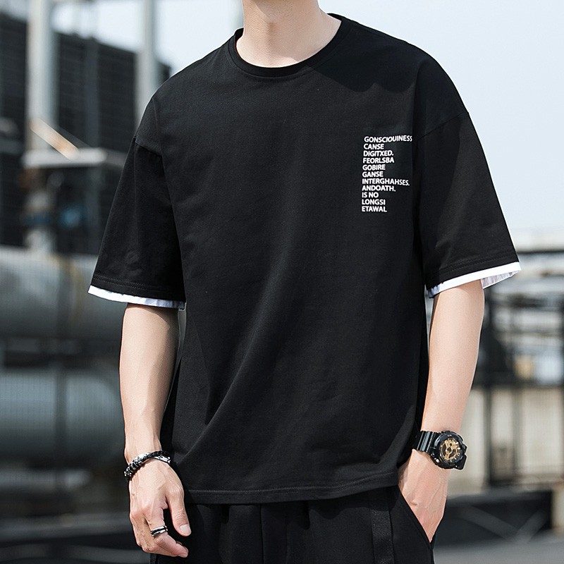 ฤดูร้อนแขนสั้นtเสื้อผู้ชายผ้าฝ้ายคอกลมหลวมครึ่งแขนนักเรียนพอร์ตลมinsเสื้อแขนห้าจุด