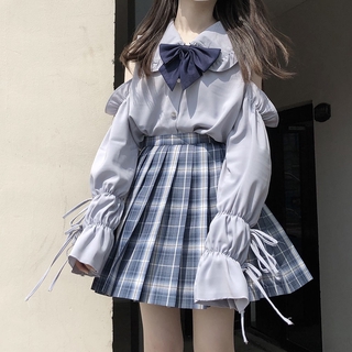 🔥Hot sale！ 2020 ฤดูใบไม้ร่วงใหม่สาวญี่ปุ่นลูกไม้ Lolita คอตุ๊กตาแขนยาวเสื้อสีขาวหญิงปิดไหล่ด้านบน