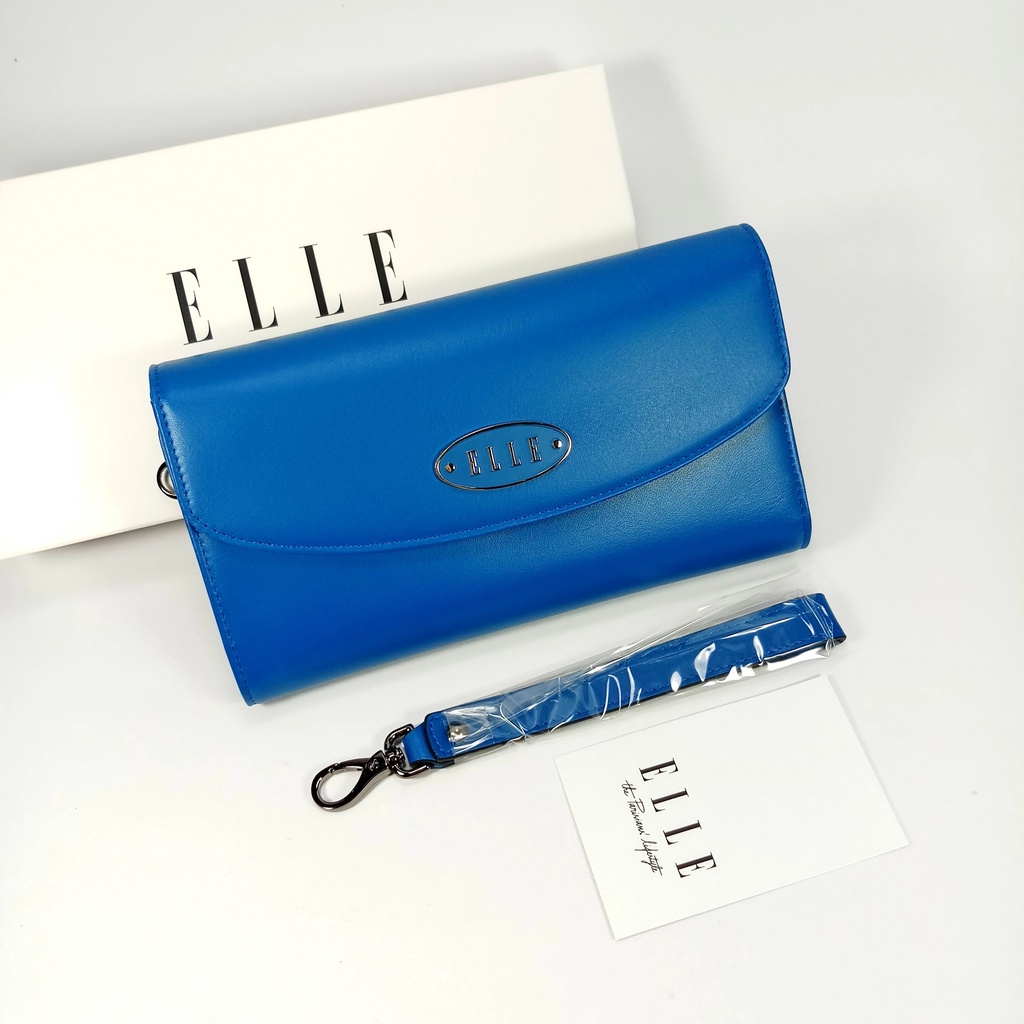 elle-แท้-กระเป๋าสตางค์ผู้หญิงใบยาว-สีน้ำเงิน-สามพับ-ฝาโค้งมน-มีสายคล้องมือ-หนังแท้ผิวมัน-โลโก้กลมรี-ของแท้100