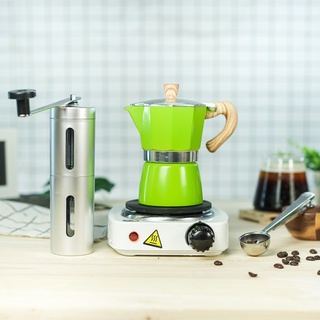 (สีเขียว) ชุดเตาไฟฟ้ามินิสีขาว + กาต้มมอคค่าพอท Moka pot + เครื่องบดมือหมุน + 2-1 ช้อนตักกาแฟ