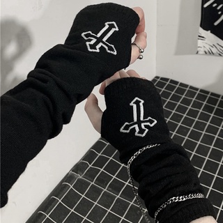 สินค้า Punk EMO Style Streetwear Women Wrist Arm Warmer Knitted Long Fingerless Gloves Black Mitten Halloween Cross Gloves Dark Moon