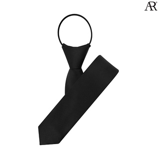 ANGELINO RUFOLO Zipper Tie 5 CM. (เนคไทสำเร็จรูป) ผ้าไหมทออิตาลี่คุณภาพเยี่ยม ดีไซน์ Woven Line สีดำ/สีขาว
