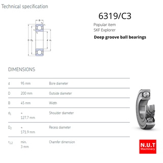 SKF 6319/C3 ตลับลูกปืนเม็ดกลม ฝาเปิด รองรับความเร็วรอบสูง | Shopee Thailand