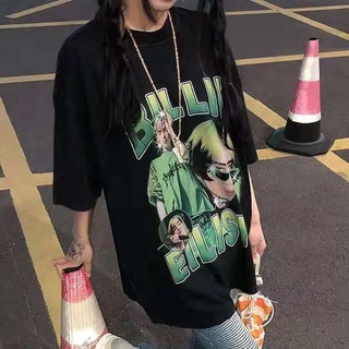 เสื้อยืดผ้าฝ้ายพิมพ์ลาย ✨💚ยุโรปและอเมริกา rapper Billie Eilish Bili การพิมพ์ street hip-hop tide ยี่ห้อหลวมแขนสั้นเสื้อ