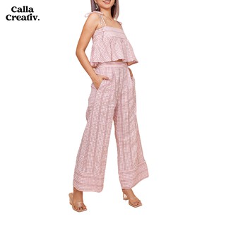 CALLA CREATIV ชุดเซ็ตผู้หญิง ผ้าซัคเกอร์ เสื้อสายเดี่ยว กางเกงขาบาน สีชมพู April Set - Pink