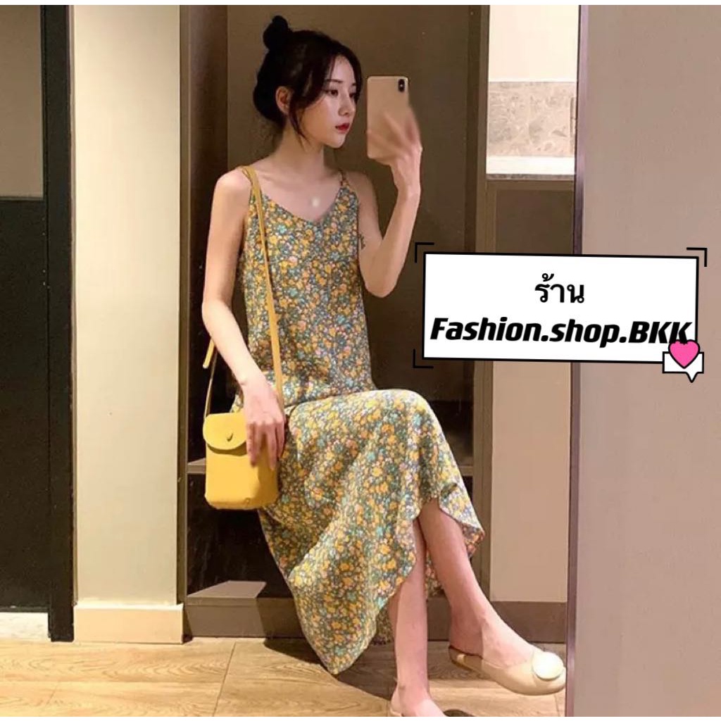 fashion-shop-bkk-ชุดเดรสสายเดี่ยวยาว-ลายดอกไม้สวย-สีสันสดใส-ผ้านิ่ม-สวมใส่สบาย-แฟชั่นเกาหลี